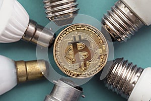 Bitcoin cryptocurrency eco sustainability concept. coin with light bulb
