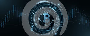 Bitcoin cryptocurrency with HUD elements. Candlestick pattern. Digital coin BTC for business banner or presentation. Futuristic