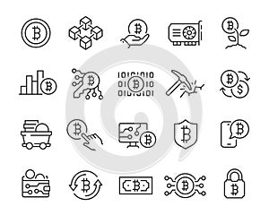 Bitcoin and Cryptocurrency icon set. Collection of linear simple web icons such as Electronic key and wallet, Mining and