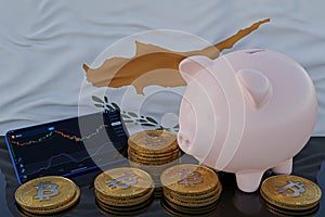 Bitcoin and cryptocurrency investing. Cyprus flag in background. Piggy bank, the of saving concept. Mobile application for trading