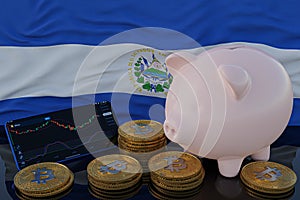 Bitcoin and cryptocurrency investing. El Salvador flag in background. Piggy bank, the of saving concept. Mobile application for