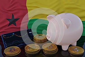 Bitcoin and cryptocurrency investing. Guinea Bissau flag in background. Piggy bank, the of saving concept. Mobile application for