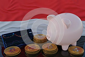 Bitcoin and cryptocurrency investing. Indonesia flag in background. Piggy bank, the of saving concept. Mobile application for