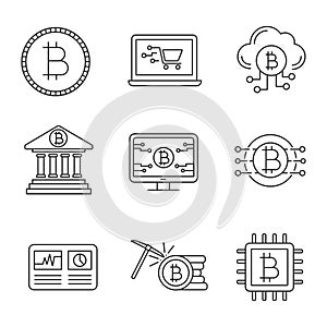 Bitcoin cryptocurrency linear icons set