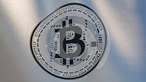 Bitcoin cryptocurrency logo on waving white flag