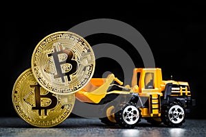 Bitcoin cryptocurrency mining concept. Blockchain technology. Mi photo