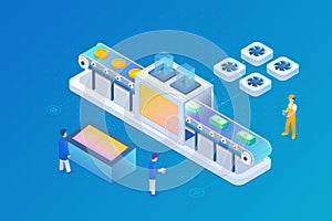 Bitcoin Cryptocurrency Mining farm pool abstract device isometric flat vector illustration. Convert bitcoin to cash dollar. Money