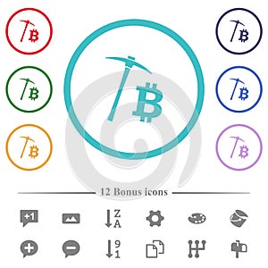 Bitcoin cryptocurrency mining flat color icons in circle shape outlines