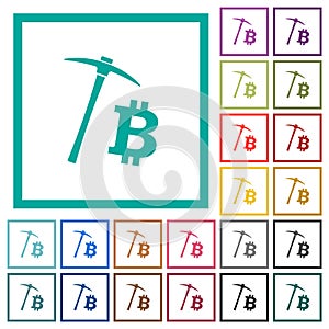 Bitcoin cryptocurrency mining flat color icons with quadrant frames