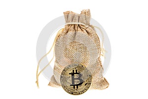 Bitcoin cryptocurrency near burlap sack isolated on white background. Crypto currency electronic money for web banking and interna