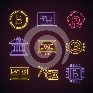 Bitcoin cryptocurrency neon light icons set