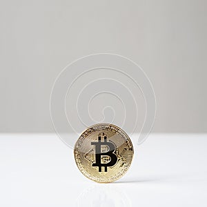 Bitcoin cryptocurrency physical coin standing upright on desk