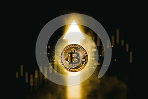 Bitcoin or cryptocurrency prices rise up positive, golden coin with up arrow chart