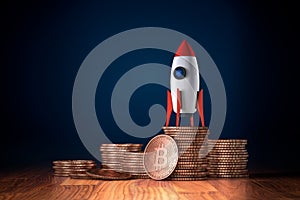 Bitcoin cryptocurrency rocket growth concept photo