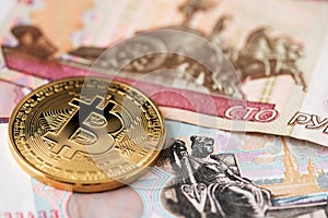 Bitcoin Cryptocurrency with Russian Rubles money. Russia Bitcoin Gold USD Dollar