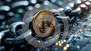 Bitcoin Cryptocurrency Symbol with Chain on Circuit Board