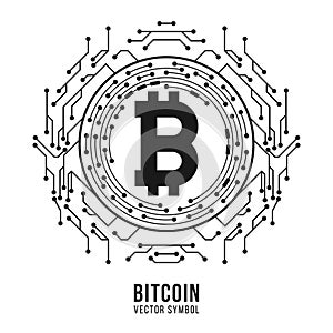 Bitcoin cryptocurrency symbol. Computer circuit board frame. Digital currency online mining. Design blockchain Logo for graphic