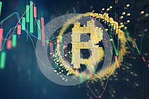 Bitcoin cryptocurrency value price fall drop. Stock market trading graph business with red arrow concept banner background 3d