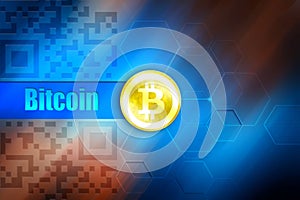 Bitcoin cryptocurrency wallpaper. Bitcoin symbol on the gold coin, title `bitcoin` at blue background.