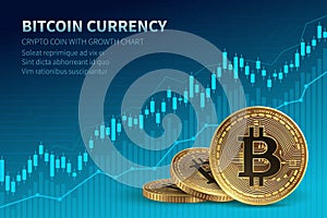 Bitcoin currency. Crypto coin with growth chart. International stock exchange. Network bitcoin marketing vector banner