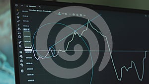 Bitcoin currency graph with lines on computer screen. Using Fib Spiral tool for graph analysis. Cryptocurrency and