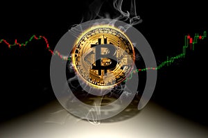 Bitcoin currency smoking symbol with financial data chart graph , conceptual bitcoin trading illustration