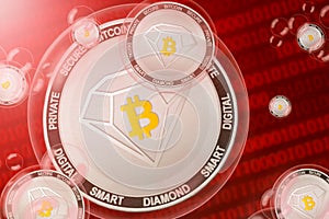 Bitcoin Diamond crash, bubble. Bitcoin Diamond BCD cryptocurrency coins in a bubbles on the binary code background