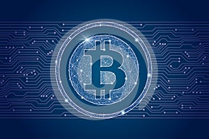 Bitcoin digital currency coin.cyber network background.isolated from low poly wireframe. abstract polygonal image
