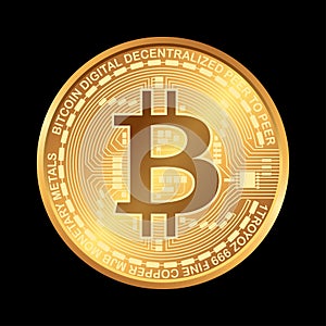 Bitcoin. Digital currency. Cryptocurrency. Golden coin with bitcoin symbol isolated on black background.