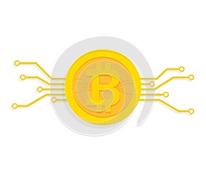 Bitcoin digital currency icon with circuit board elements. Vector illustration in flat style