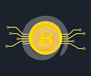 Bitcoin digital currency icon with circuit board elements. Vector illustration in flat style on a blue background