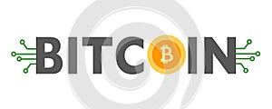 Bitcoin digital currency icon with text and circuit board elements in flat design. Cryptocurrency digital money. Block chain finan photo