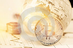 Bitcoin digital currency, modern of Exchange Digital money near Global model AUSTRALIA map with Radar background. Concept of