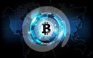 Bitcoin digital currency and world globe hologram, futuristic digital money and technology worldwide network concept, vector