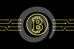 Bitcoin digital currency and yellow line circuit flat vector design for business.