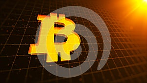 Bitcoin digital money currency symbol with particles flare on perspective grid. Business Banking Finance