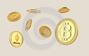 Bitcoin, Dogecoin and Ethereum coin flying on clear background. Coins cryptocurrency