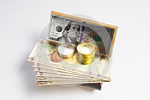 Bitcoin, dollar banknotes and golden btc coins on the treasure trove, cryptocurrency in wooden chest, gift, decoration on white