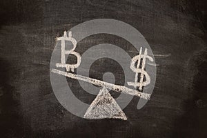 bitcoin and dollar icon on scales, currency rate concept. Chalk drawing on the blackboard.