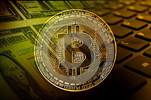 Bitcoin with dollars and keybord