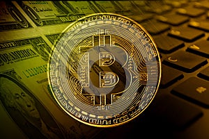 Bitcoin with dollars and keybord photo