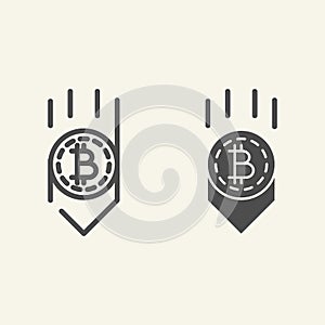 Bitcoin down arrow line and glyph icon. Fall bitcoin vector illustration isolated on white. Cryptocurrency decrease