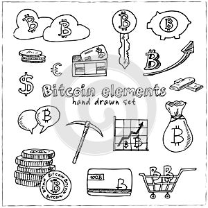 Bitcoin elements hand drawn doodle set. Sketches. Vector illustration for design and packages product. Symbol collection