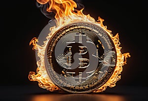 Bitcoin emblem on fire. Generative AI