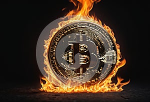 Bitcoin emblem on fire. Generative AI