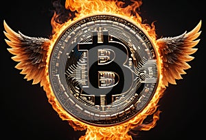 Bitcoin emblem on fire. Generative AI