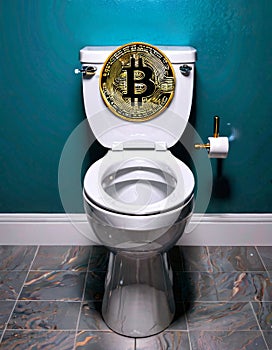 Bitcoin Emblem Over Toilet