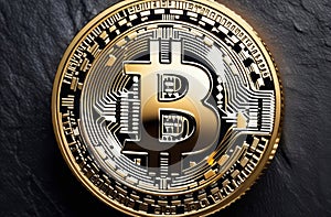 Bitcoin ETF coin, gold yellow, trading, chart, money, rich. Close-up bitcoin coin with flying coins. Bitcoin Crypto