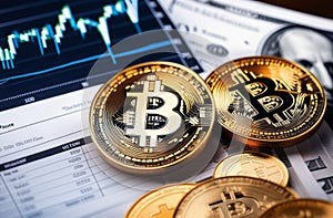 Bitcoin ETF coin, gold yellow, trading, chart, money, rich. Close-up bitcoin coin with flying coins. Bitcoin Crypto
