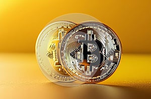 Bitcoin ETF coin, gold yellow, trading, chart, money, rich. Close-up bitcoin coin with flying coins. Bitcoin Crypto